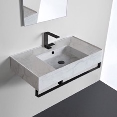 Marble Design Ceramic Wall Mounted Sink With Black Towel Bar